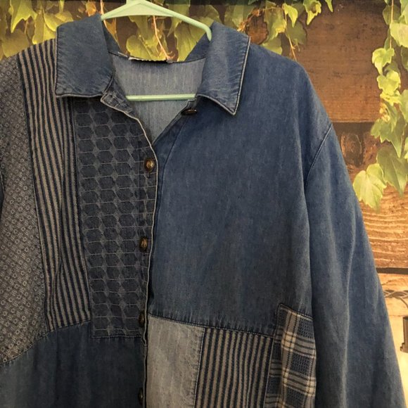 🐋Chambray Patchwork Button Up Pattern Top - Picture 1 of 9